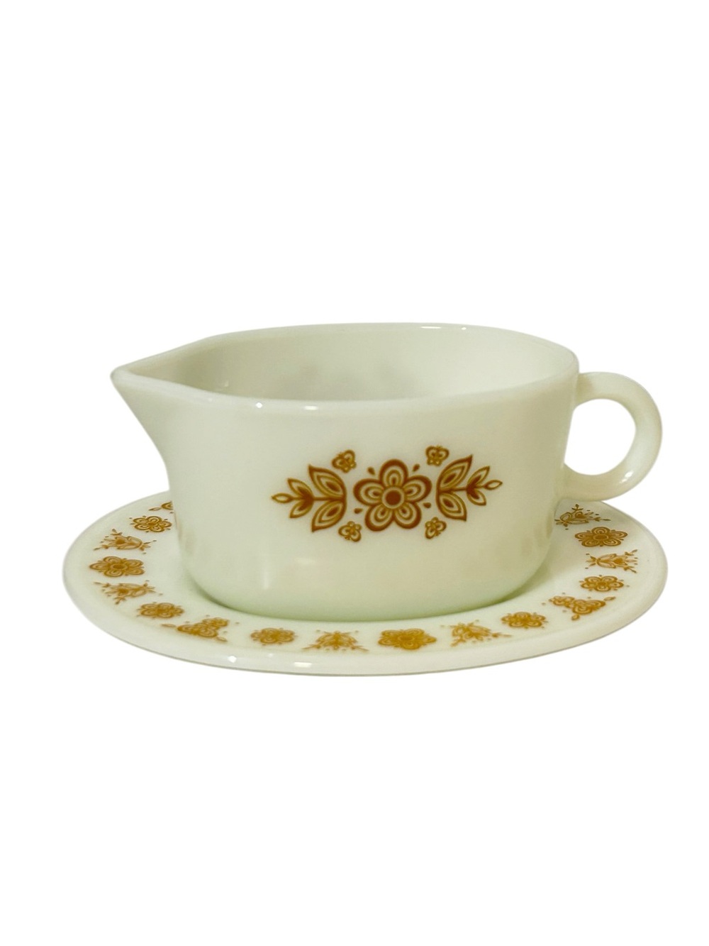 Pyrex 77B Butterfly Gold Gravy Boat and 77U Underplate - Two Piece Set